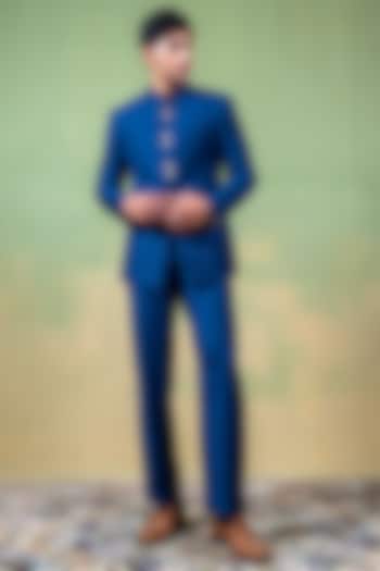 Navy Blue Suiting Glass Bead Embroidered Bandhgala Set by AYUSH JAIN
