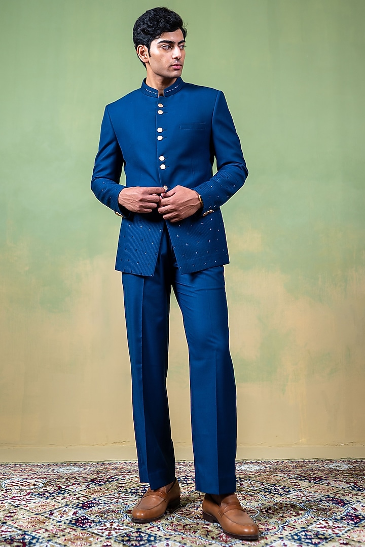 Navy Blue Suiting Glass Bead Embroidered Bandhgala Set by AYUSH JAIN