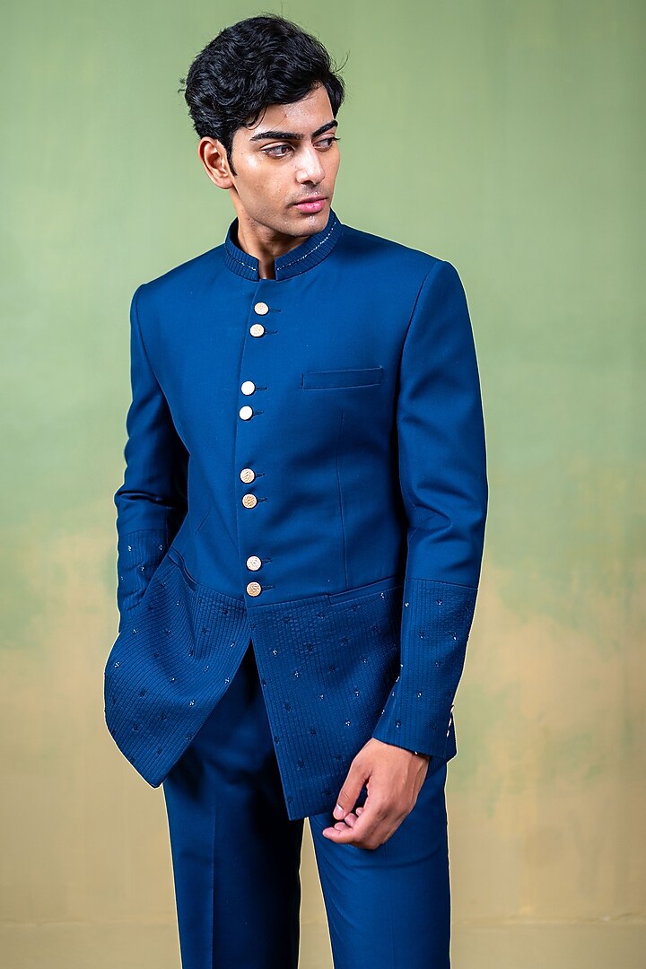 Navy Blue Suiting Glass Bead Embroidered Wedding Bandhgala Set by AYUSH JAIN at Pernia's Pop Up Shop