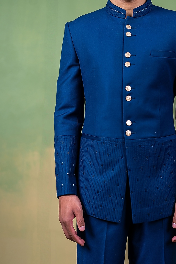 Navy Blue Suiting Glass Bead Embroidered Wedding Bandhgala Set by AYUSH JAIN at Pernia's Pop Up Shop