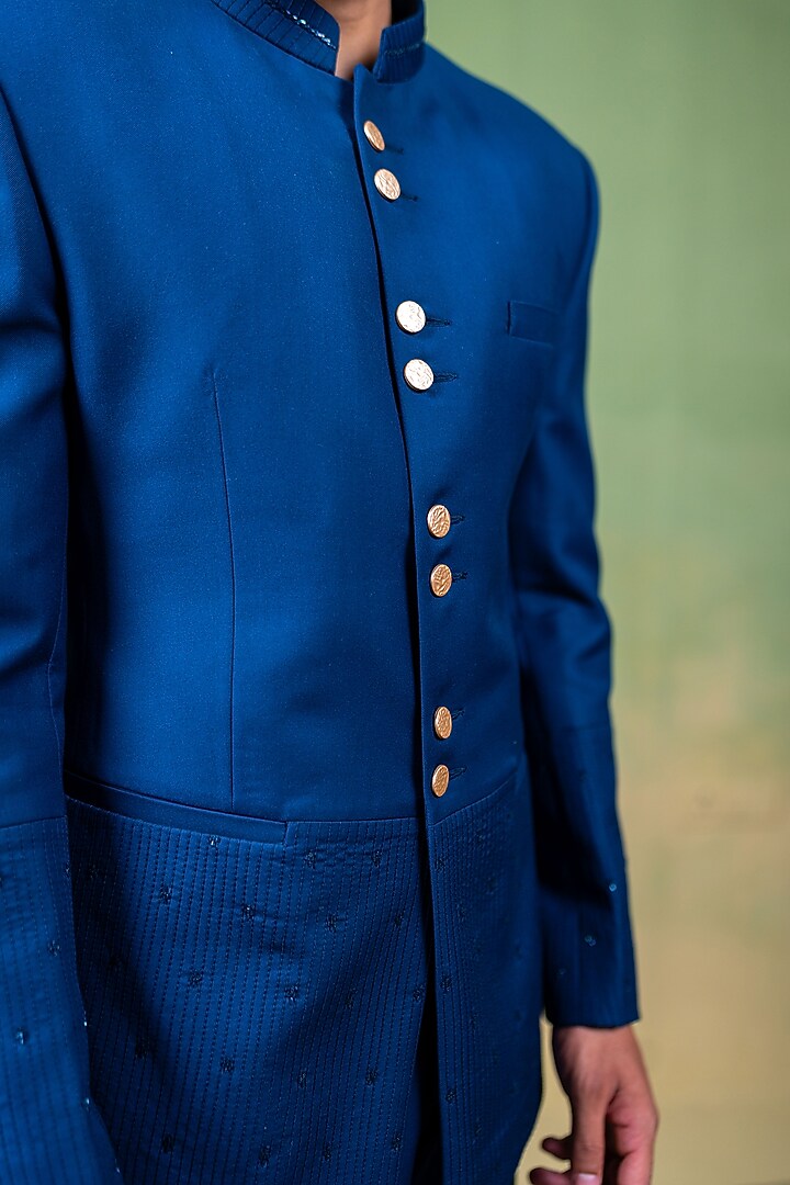 Navy Blue Suiting Glass Bead Embroidered Wedding Bandhgala Set by AYUSH JAIN at Pernia's Pop Up Shop