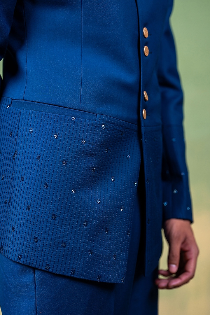Navy Blue Suiting Glass Bead Embroidered Wedding Bandhgala Set by AYUSH JAIN at Pernia's Pop Up Shop