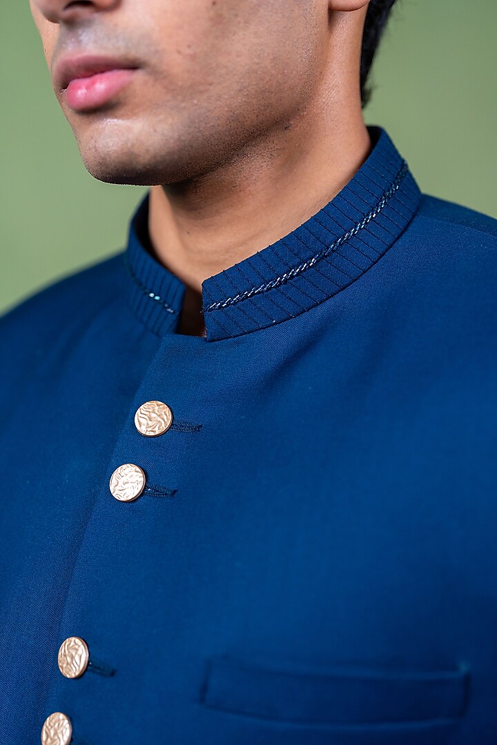 Navy Blue Suiting Glass Bead Embroidered Wedding Bandhgala Set by AYUSH JAIN at Pernia's Pop Up Shop