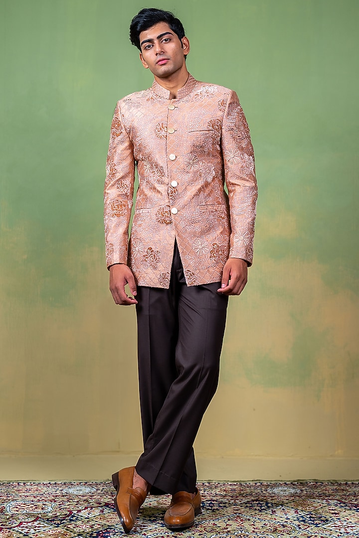 Rose Gold & Brown Raw Silk Zardosi Embellished Bandhgala by AYUSH JAIN
