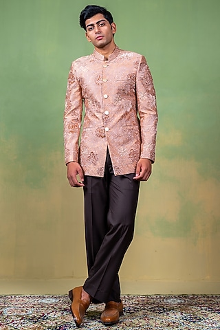 Rose Gold & Brown Raw Silk Zardosi Embellished Bandhgala by AYUSH JAIN