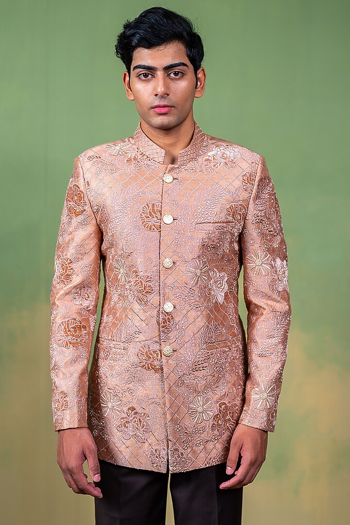 Rose Gold & Brown Raw Silk Zardosi Embellished Wedding Bandhgala by AYUSH JAIN at Pernia's Pop Up Shop