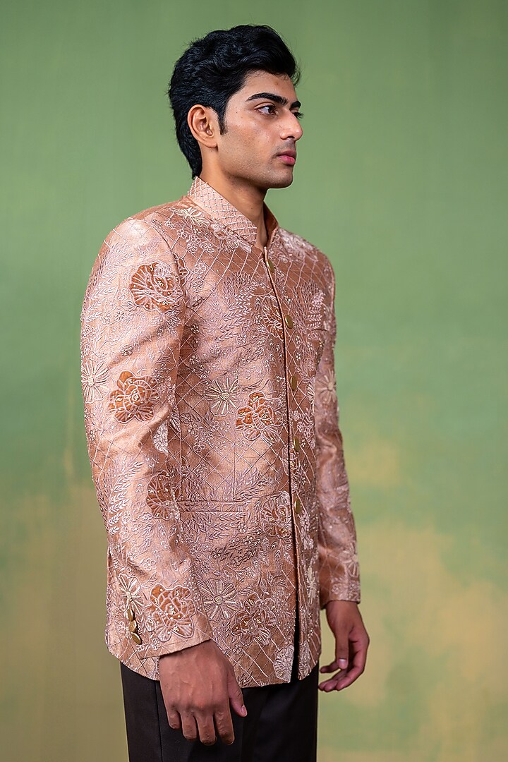 Rose Gold & Brown Raw Silk Zardosi Embellished Wedding Bandhgala by AYUSH JAIN at Pernia's Pop Up Shop