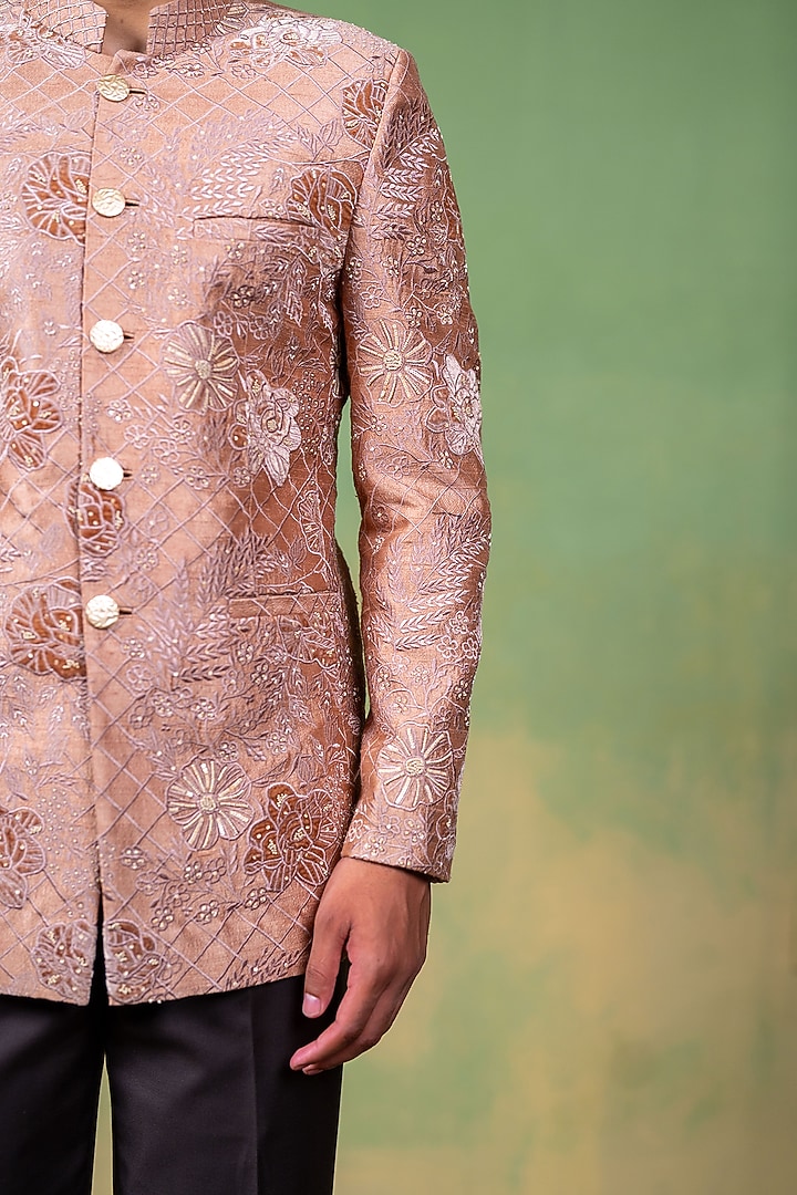Rose Gold & Brown Raw Silk Zardosi Embellished Wedding Bandhgala by AYUSH JAIN at Pernia's Pop Up Shop
