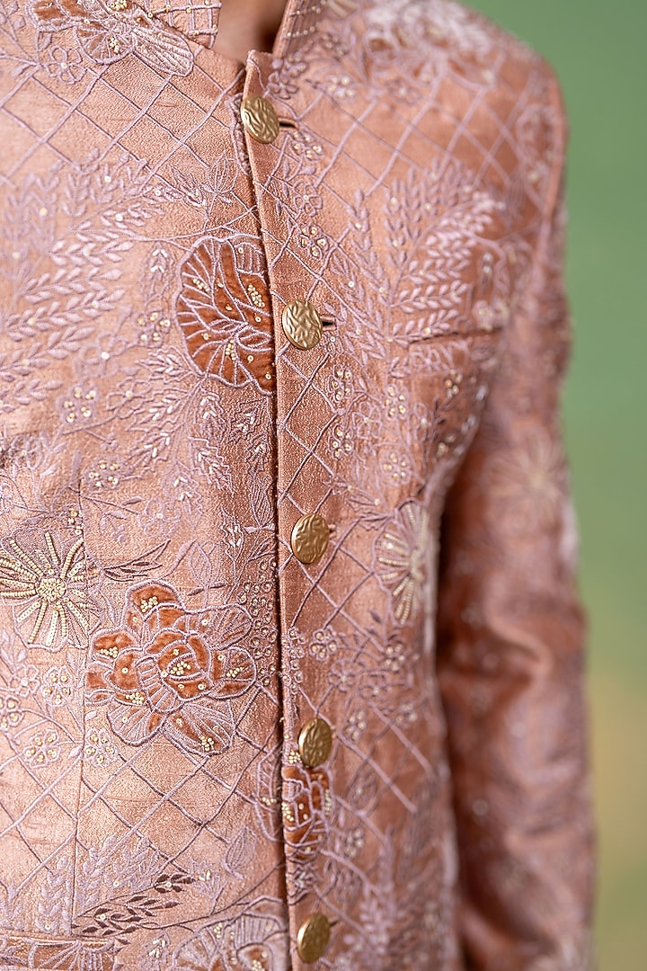 Rose Gold & Brown Raw Silk Zardosi Embellished Wedding Bandhgala by AYUSH JAIN at Pernia's Pop Up Shop