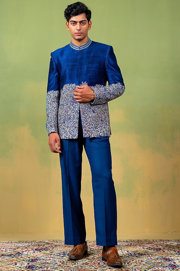 Royal Blue Raw Silk Resham Embroidered Bandhgala by AYUSH JAIN