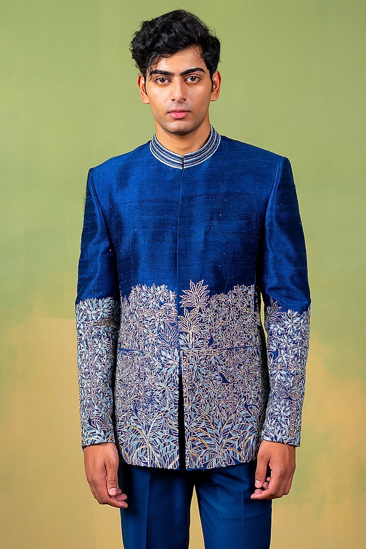Royal Blue Raw Silk Resham Embroidered Wedding Bandhgala by AYUSH JAIN at Pernia's Pop Up Shop