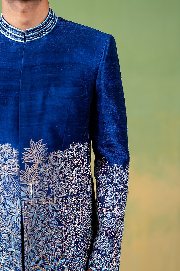 Royal Blue Raw Silk Resham Embroidered Wedding Bandhgala by AYUSH JAIN at Pernia's Pop Up Shop