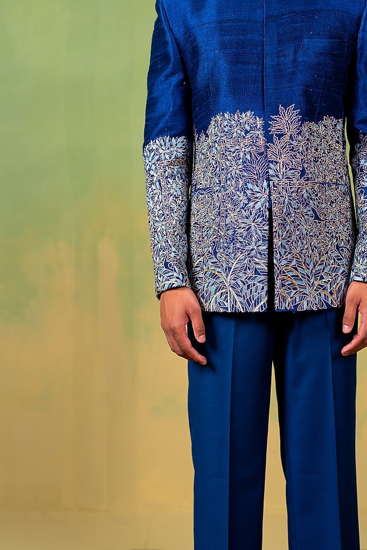 Royal Blue Raw Silk Resham Embroidered Wedding Bandhgala by AYUSH JAIN at Pernia's Pop Up Shop