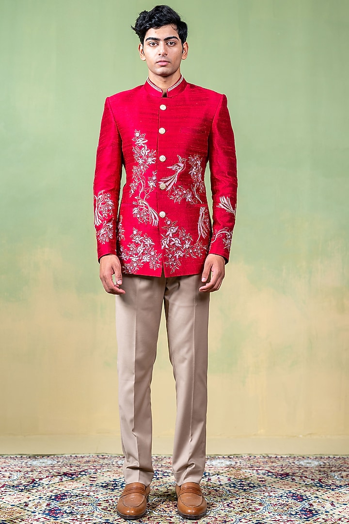 Magenta Pink Raw Silk Resham Embroidered Bandhgala by AYUSH JAIN