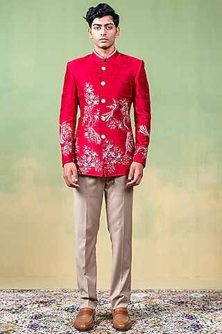 Magenta Pink Raw Silk Resham Embroidered Bandhgala by AYUSH JAIN