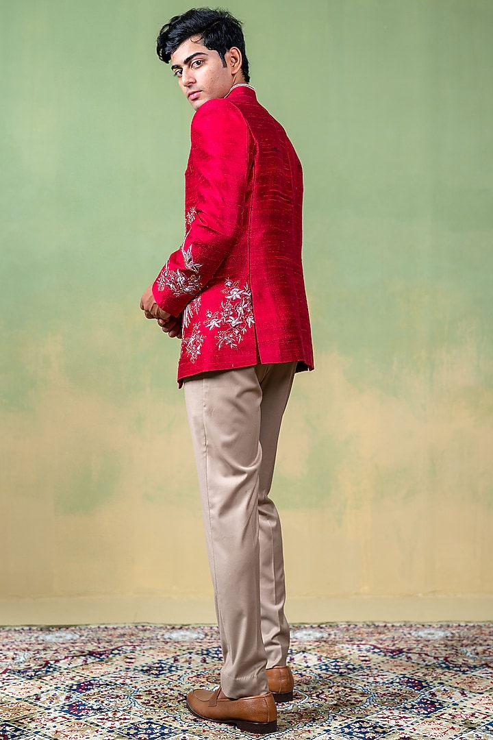 Magenta Pink Raw Silk Resham Embroidered Wedding Bandhgala by AYUSH JAIN at Pernia's Pop Up Shop