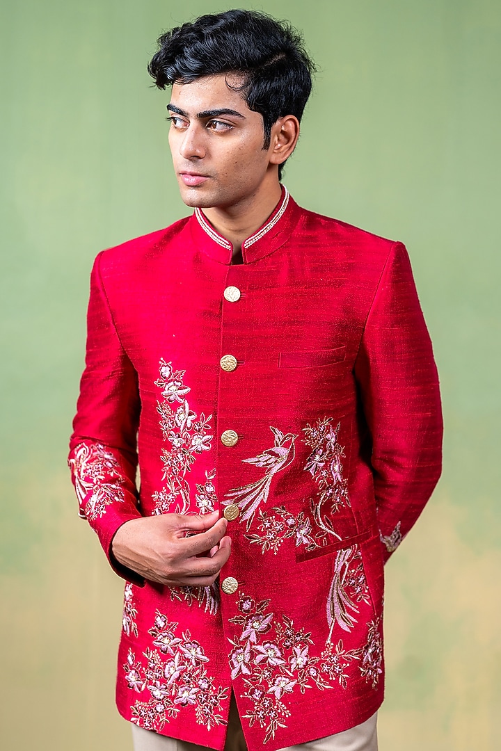 Magenta Pink Raw Silk Resham Embroidered Wedding Bandhgala by AYUSH JAIN at Pernia's Pop Up Shop