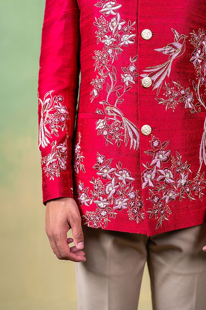 Magenta Pink Raw Silk Resham Embroidered Wedding Bandhgala by AYUSH JAIN at Pernia's Pop Up Shop