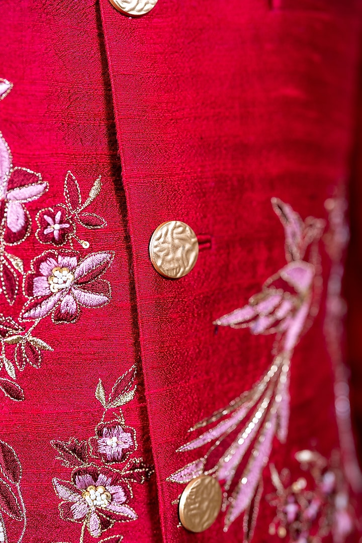 Magenta Pink Raw Silk Resham Embroidered Wedding Bandhgala by AYUSH JAIN at Pernia's Pop Up Shop