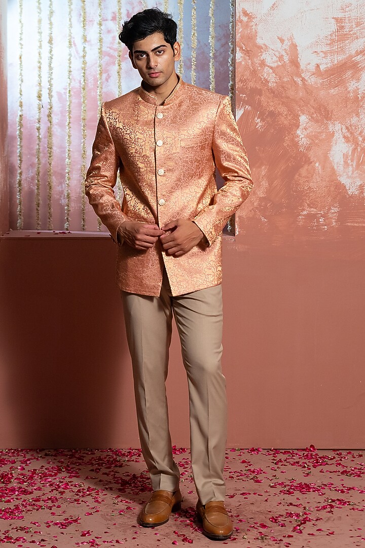 Soft Pink Banarasi Silk Handwork Handwoven Bandhgala by AYUSH JAIN