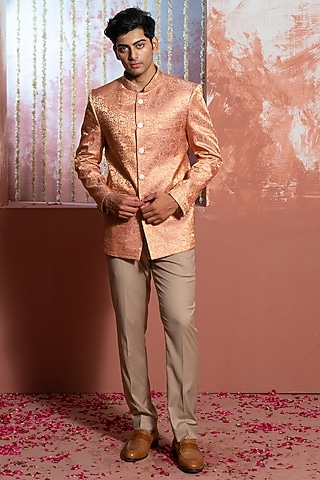 Soft Pink Banarasi Silk Handwork Handwoven Bandhgala by AYUSH JAIN