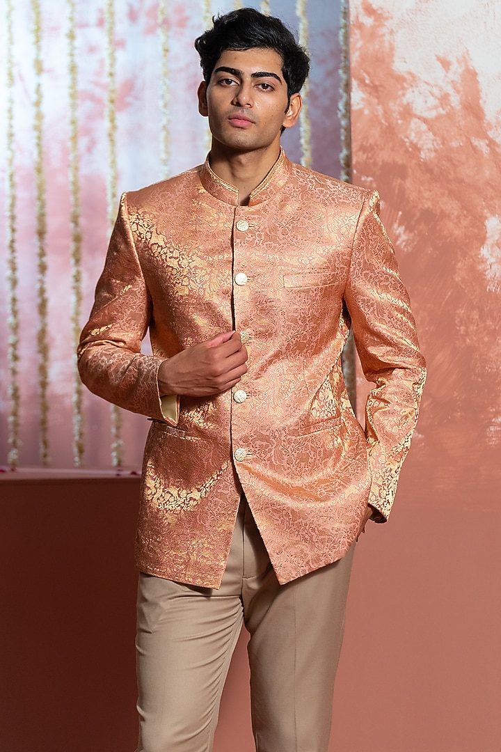 Soft Pink Banarasi Silk Handwork Handwoven Wedding Bandhgala by AYUSH JAIN at Pernia's Pop Up Shop