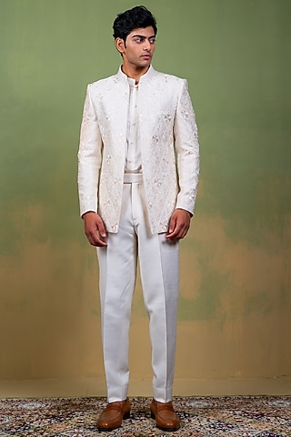 Ivory Raw silk Embroidered Open Bandhgala Set by AYUSH JAIN