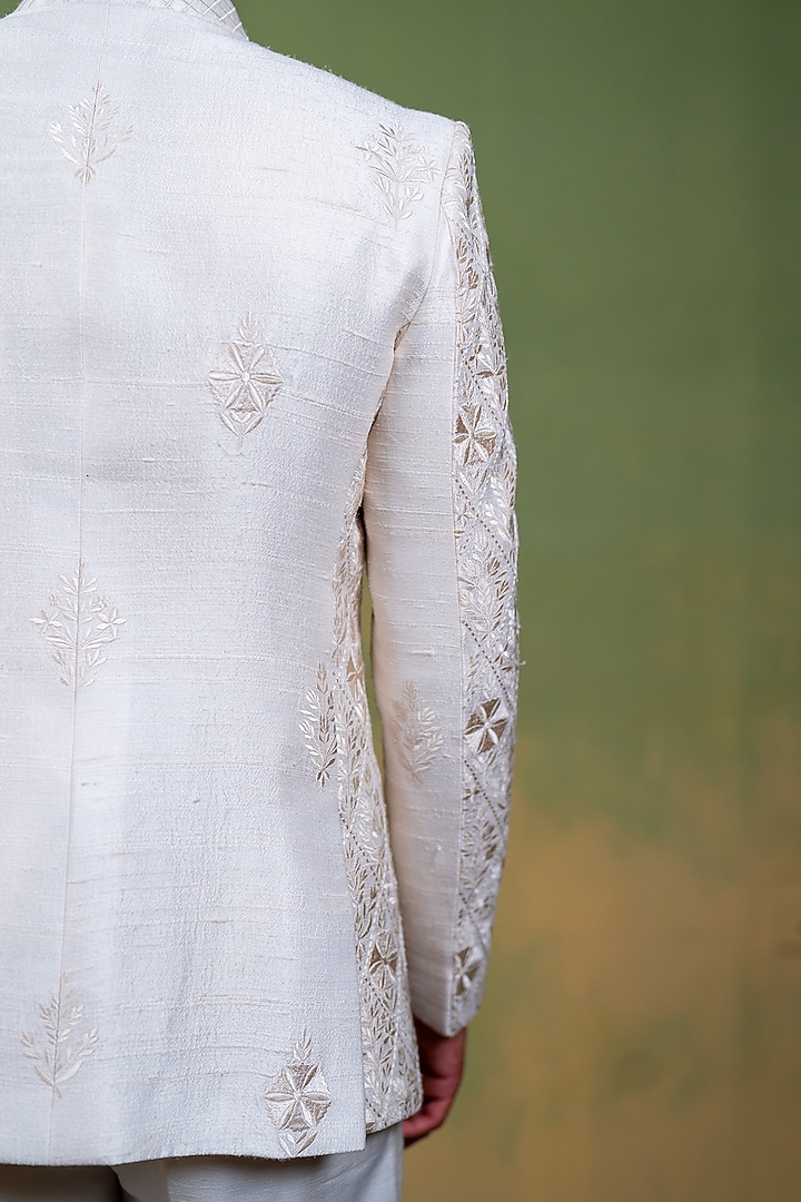 Ivory Raw silk Embroidered Open Wedding Bandhgala Set by AYUSH JAIN at Pernia's Pop Up Shop
