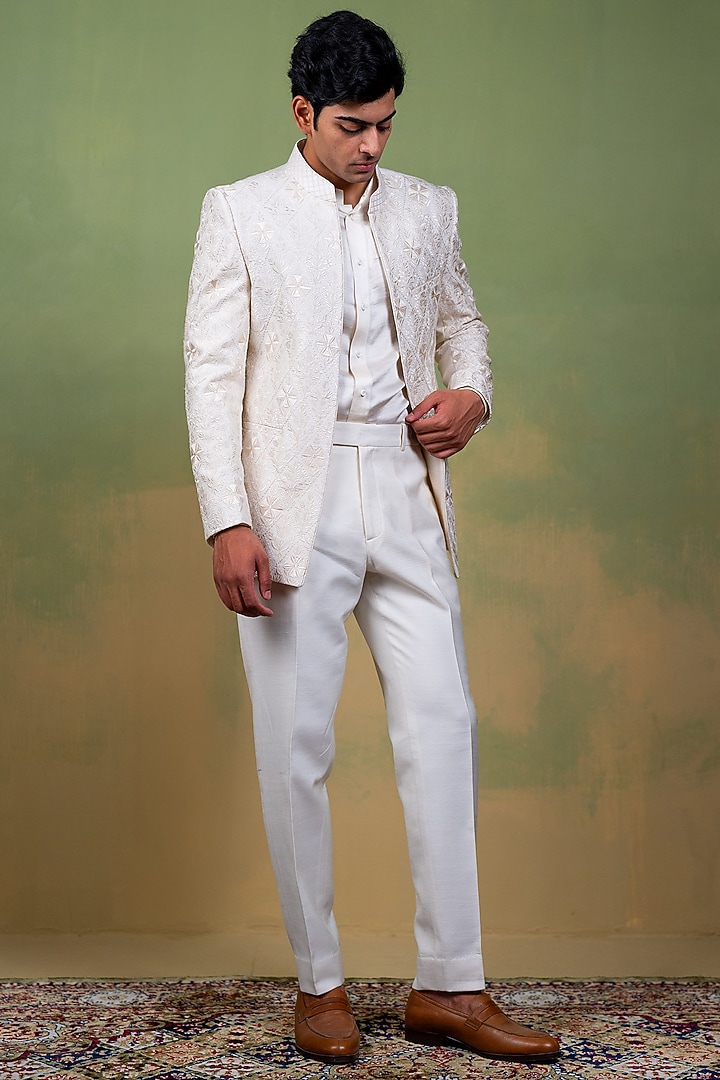 Ivory Raw silk Embroidered Open Wedding Bandhgala Set by AYUSH JAIN at Pernia's Pop Up Shop