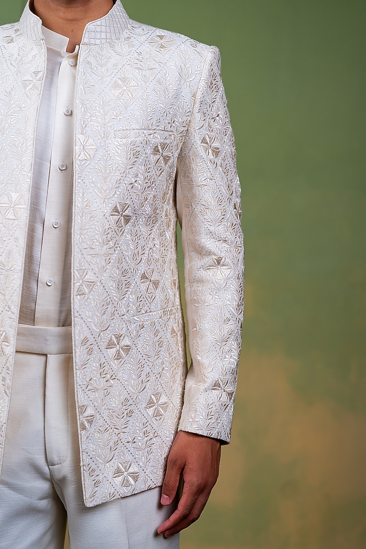 Ivory Raw silk Embroidered Open Wedding Bandhgala Set by AYUSH JAIN at Pernia's Pop Up Shop