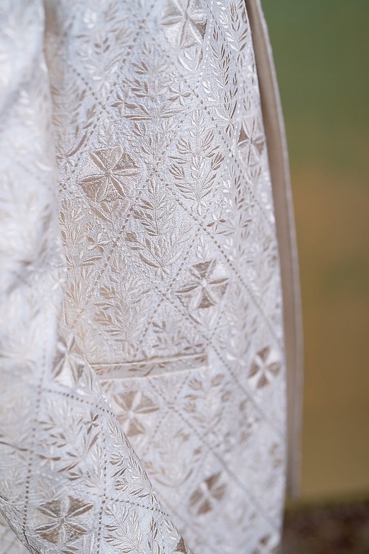 Ivory Raw silk Embroidered Open Wedding Bandhgala Set by AYUSH JAIN at Pernia's Pop Up Shop