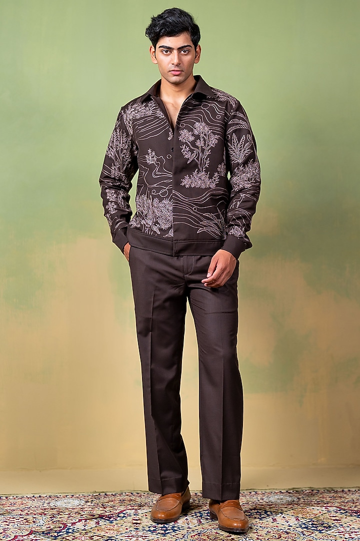 Brown Suiting Thread Embroidered Shacket by AYUSH JAIN