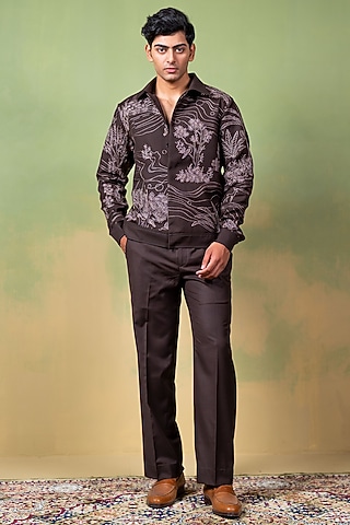 Brown Suiting Thread Embroidered Shacket by AYUSH JAIN