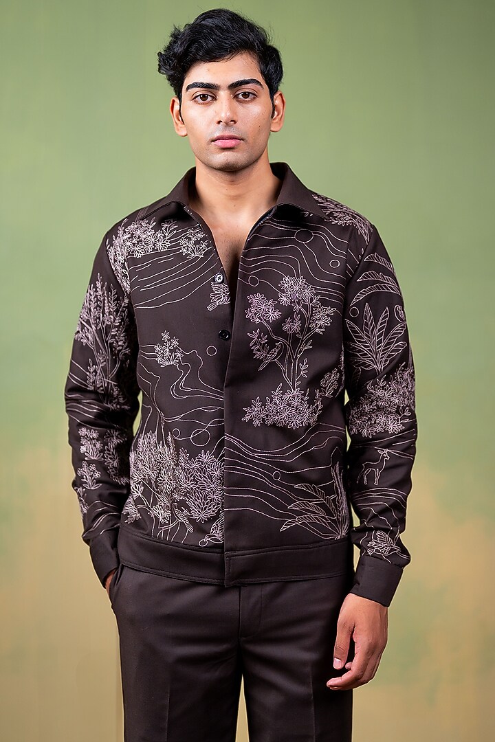Brown Suiting Thread Embroidered Shacket by AYUSH JAIN at Pernia's Pop Up Shop