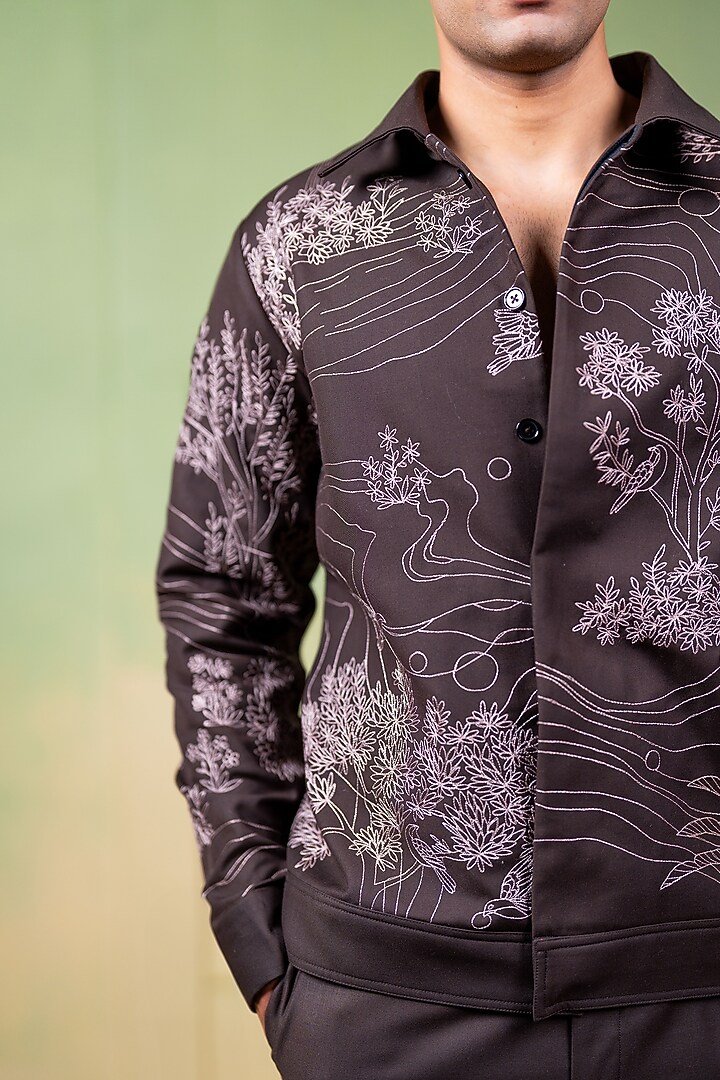 Brown Suiting Thread Embroidered Shacket by AYUSH JAIN at Pernia's Pop Up Shop
