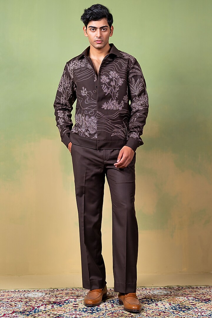 Brown Suiting Thread Embroidered Pant Set by AYUSH JAIN