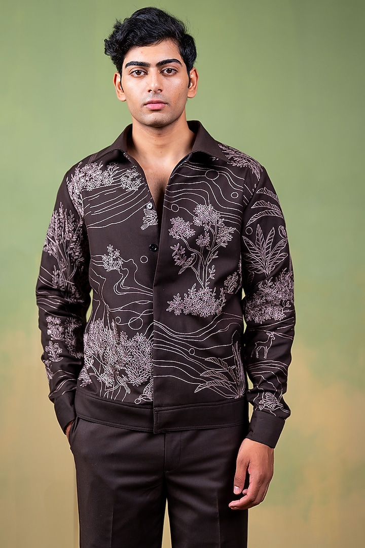 Brown Suiting Thread Embroidered Pant Set by AYUSH JAIN at Pernia's Pop Up Shop