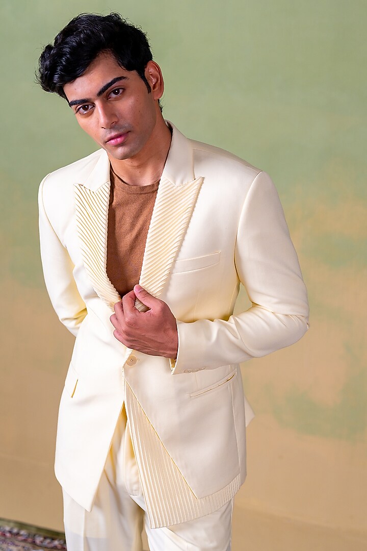 Cream Suiting Jacket Set by AYUSH JAIN at Pernia's Pop Up Shop