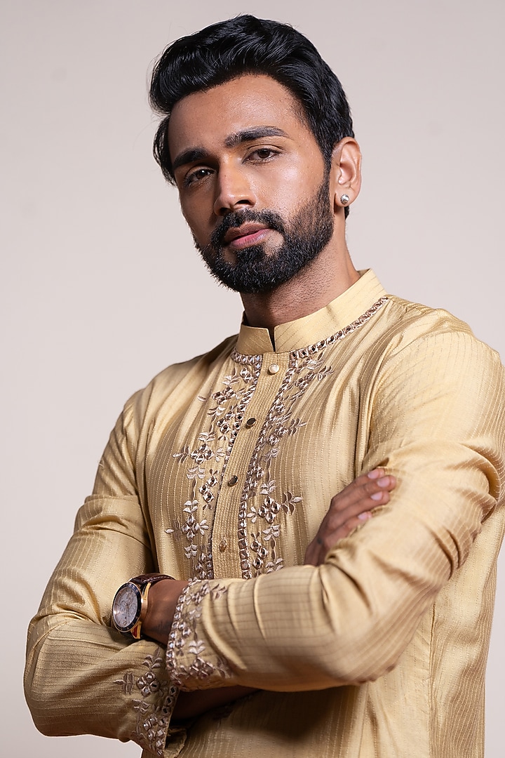 Beige Cotton Silk Mirror Embellished Kurta by AYUSH JAIN at Pernia's Pop Up Shop