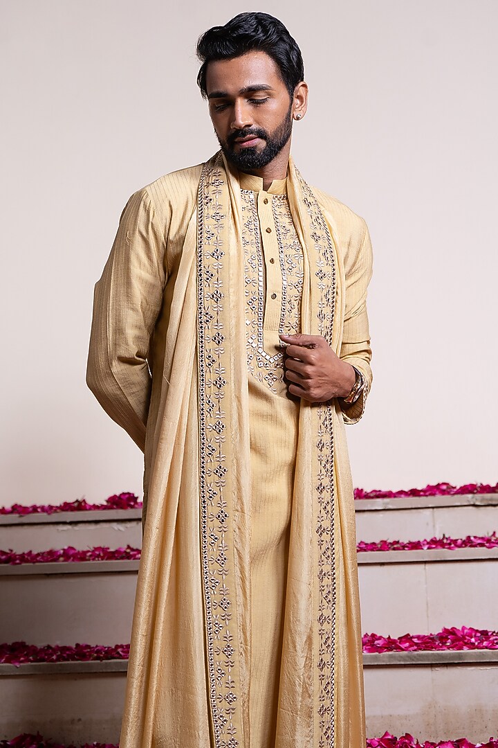 Beige Cotton Silk Mirror Embellished Kurta by AYUSH JAIN at Pernia's Pop Up Shop