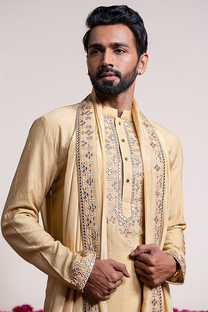 Beige Cotton Silk Mirror Embellished Kurta by AYUSH JAIN at Pernia's Pop Up Shop
