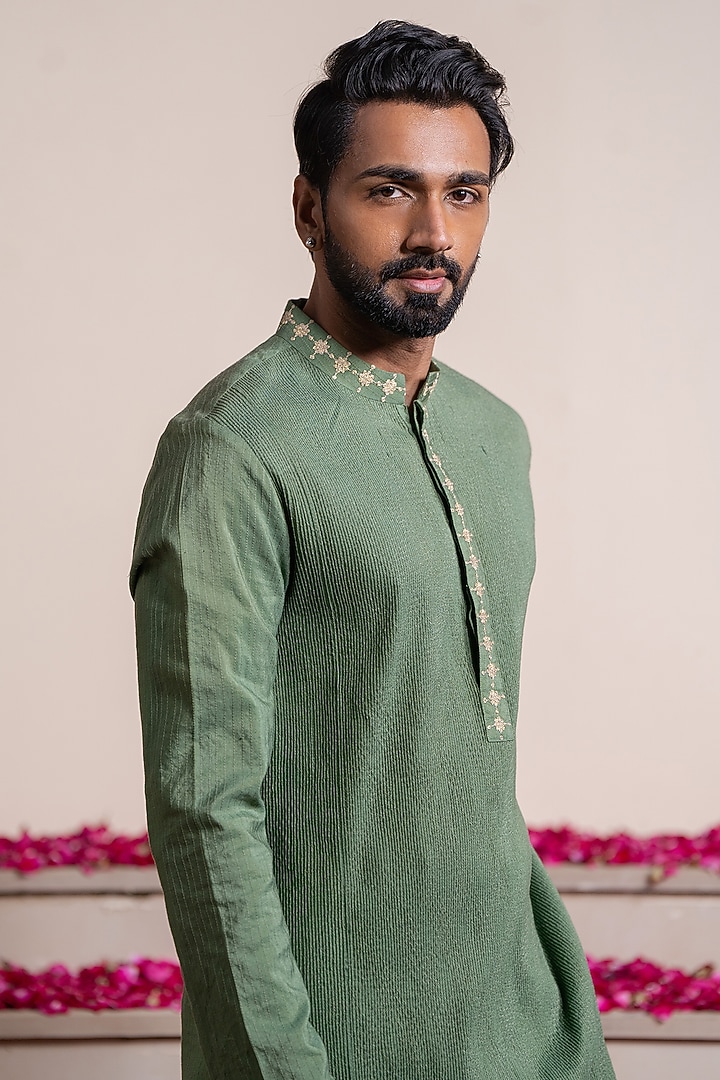 Green Cotton Silk Dori Work Kurta by AYUSH JAIN at Pernia's Pop Up Shop