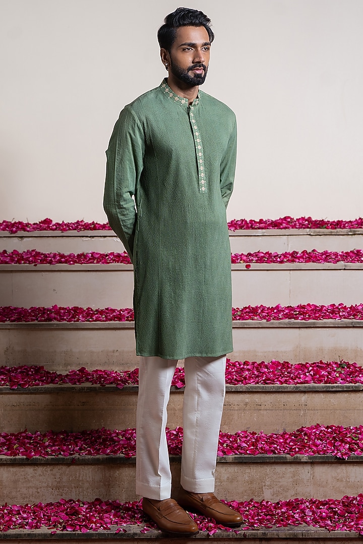 Green Cotton Silk Dori Work Kurta by AYUSH JAIN at Pernia's Pop Up Shop