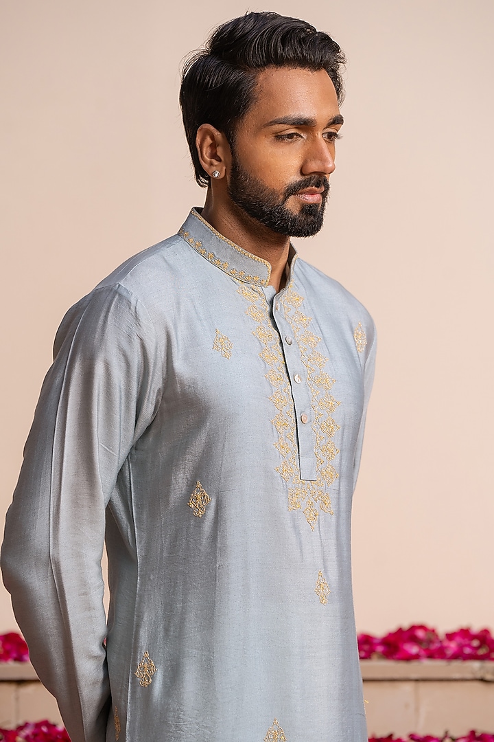 Azure Cotton Silk Dori Embroidered Kurta by AYUSH JAIN at Pernia's Pop Up Shop