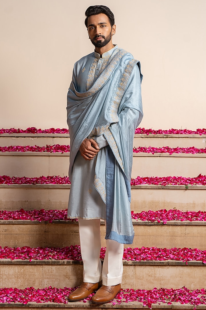 Azure Cotton Silk Dori Embroidered Kurta With Stole by AYUSH JAIN at Pernia's Pop Up Shop