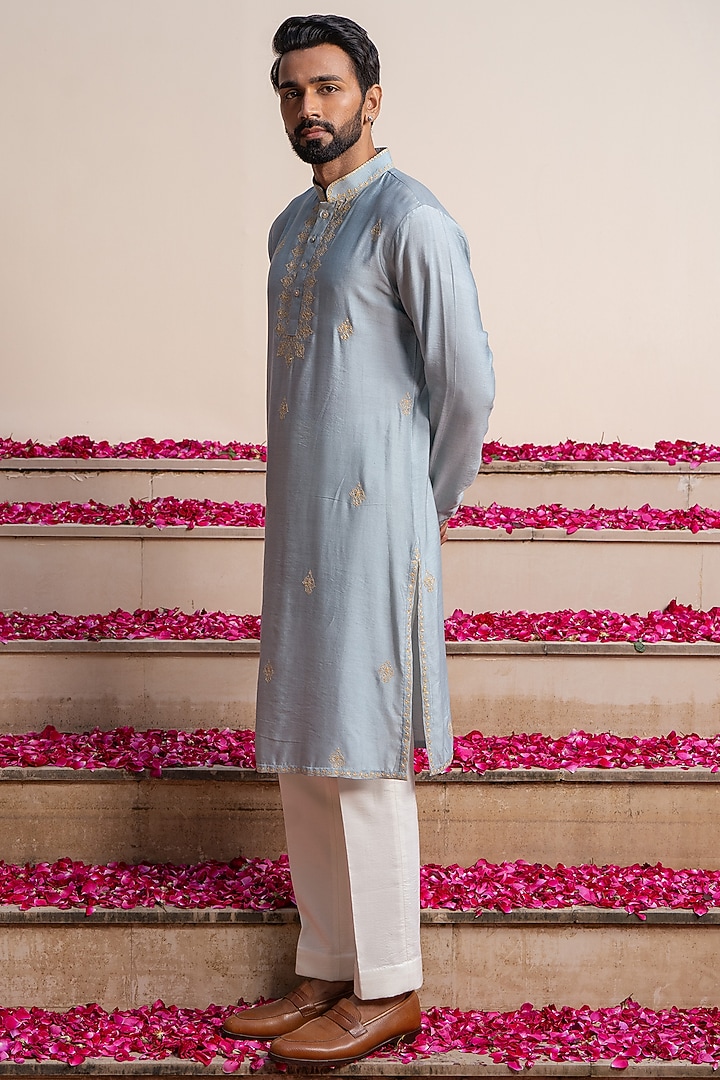 Azure Cotton Silk Dori Embroidered Kurta With Stole by AYUSH JAIN at Pernia's Pop Up Shop