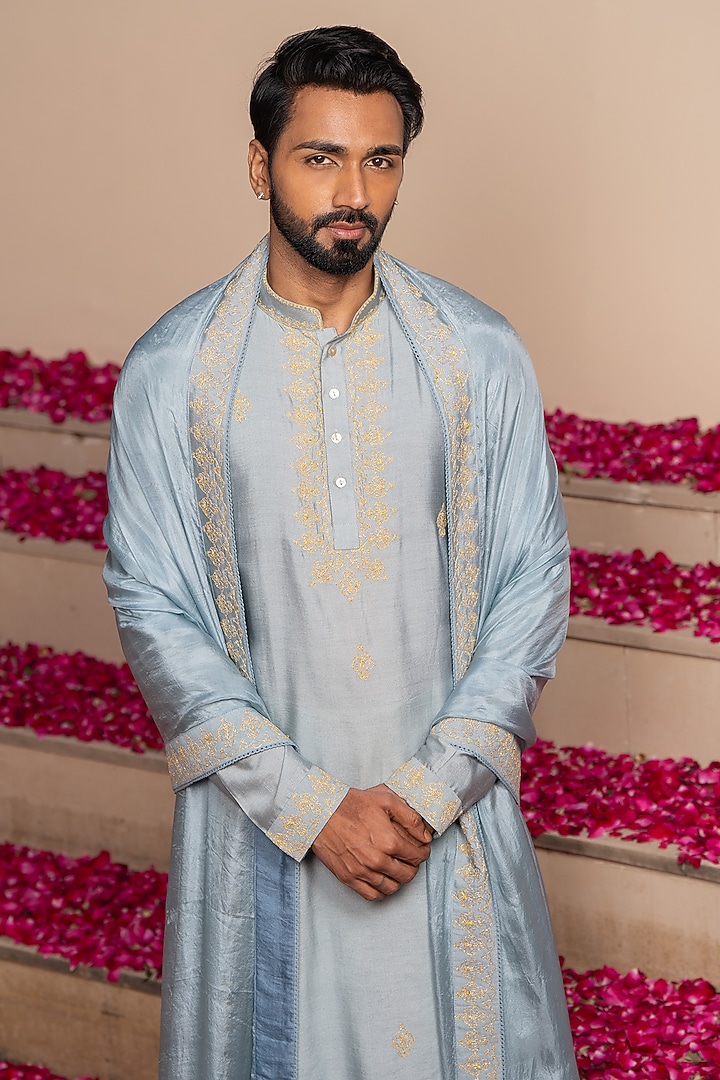 Azure Cotton Silk Dori Embroidered Kurta With Stole by AYUSH JAIN at Pernia's Pop Up Shop