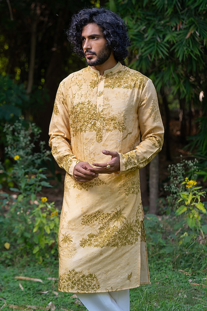 Yellowish-Green Cotton Silk Digital Printed Kurta by AYUSH JAIN at Pernia's Pop Up Shop