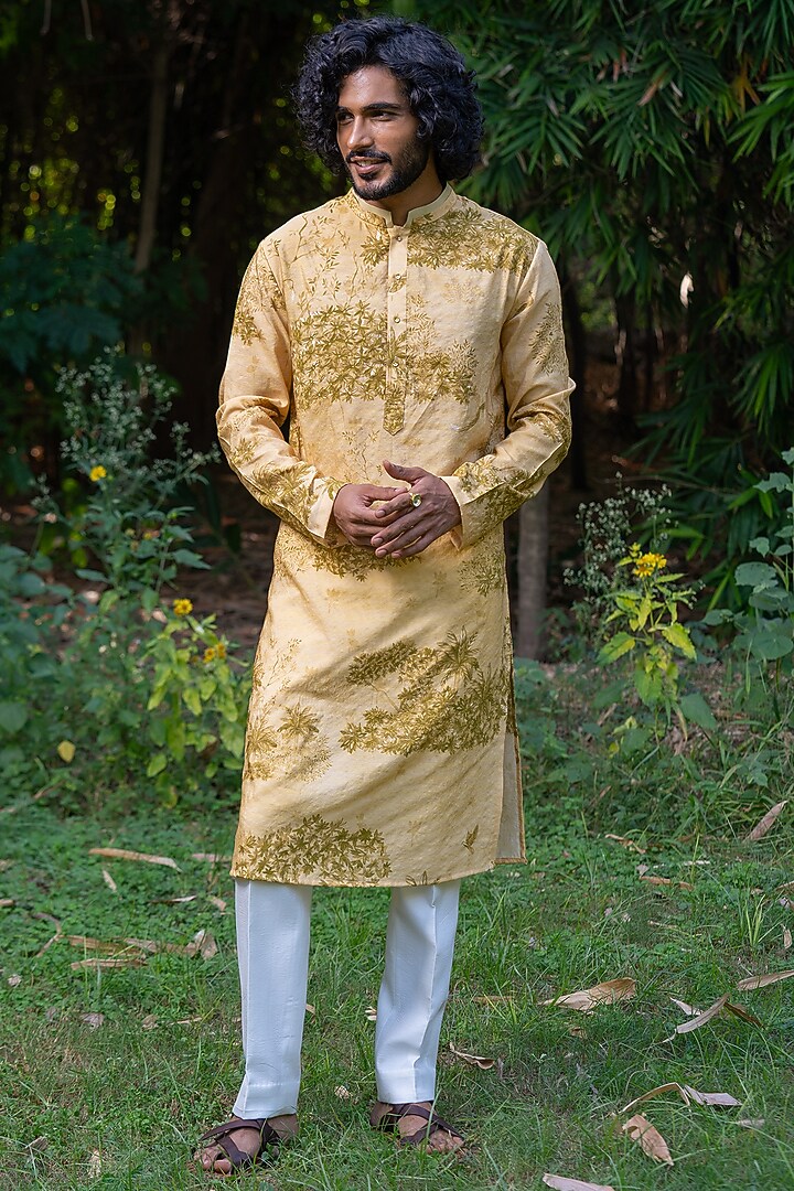 Yellowish-Green Cotton Silk Digital Printed Kurta by AYUSH JAIN at Pernia's Pop Up Shop