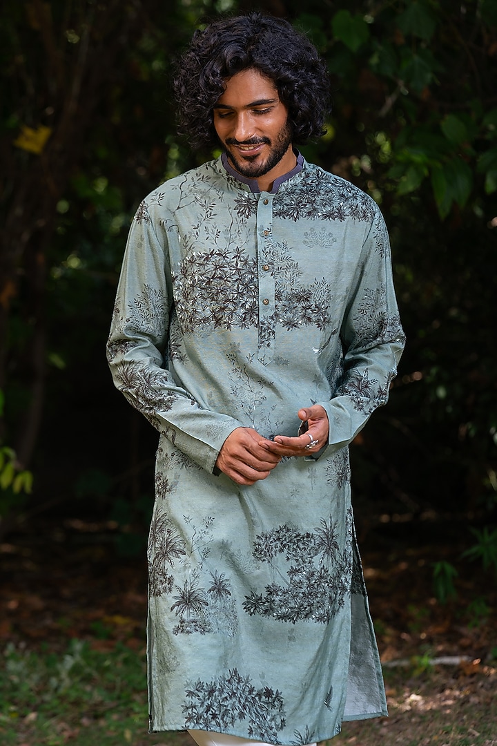 Green Cotton Silk Digital Printed Kurta by AYUSH JAIN at Pernia's Pop Up Shop